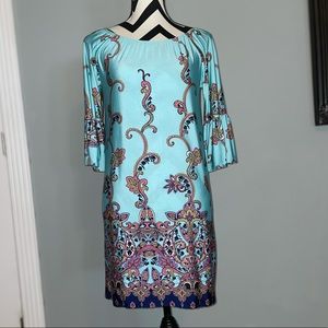 *Auditions*  Light blue paisley dress- off shoulder
